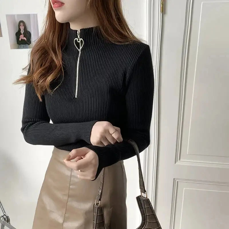 Sweater Women's Autumn and Winter New Semi-turtleneck Love Zipper Core-spun Yarn Bottomed Knitted Sweater Thermal Top