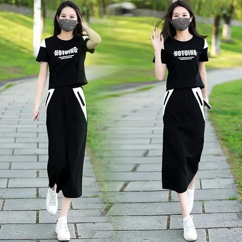 Women's Two Piece Set Short Sleeve Lightly Cooked Slit Skirt Luxury Designer Clothing Y2k Clothes Top and Bottom Female Outfits