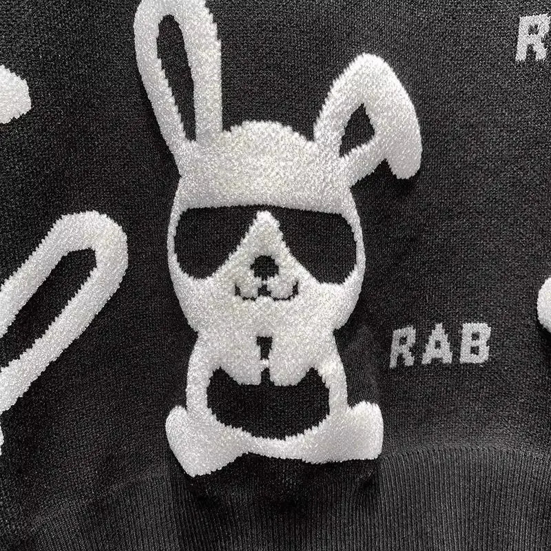 Sweater Men's Autumn Winter New Personality Rabbit Round Neck Casual Knitted Sweaters Flocking Print Long Sleeves Slim Pullover