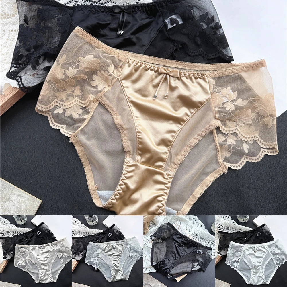 Sexy Women Panties French Style Lace Panty Satin Silk Seamless Briefs Breathable Lingerie Breathable Underwear Ultra-Thin Trunks