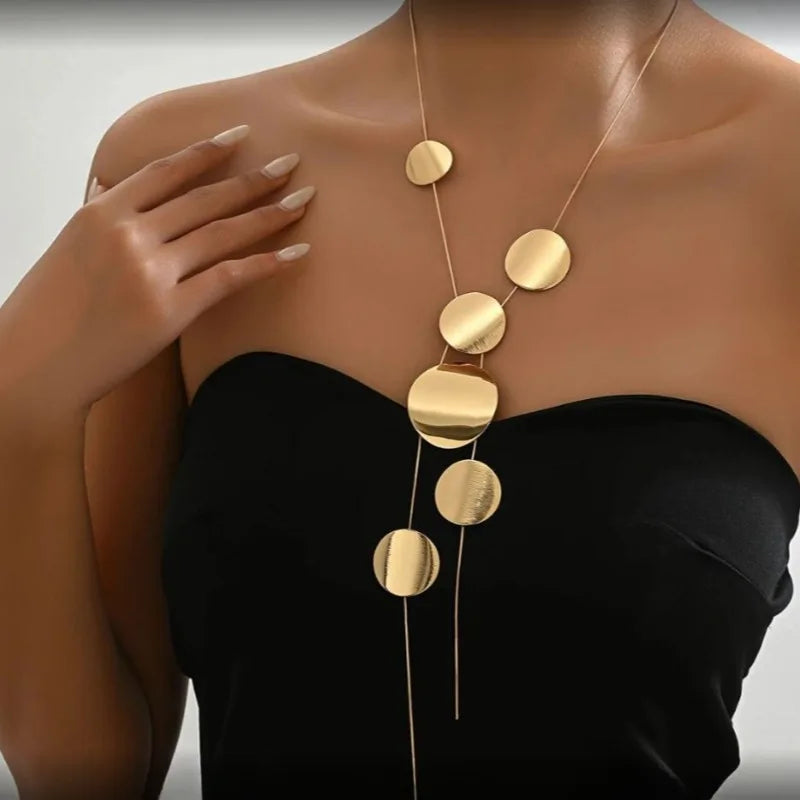 Long necklace for women girls temperament simple disc hollow geometric neck accessories holiday party OL EN008