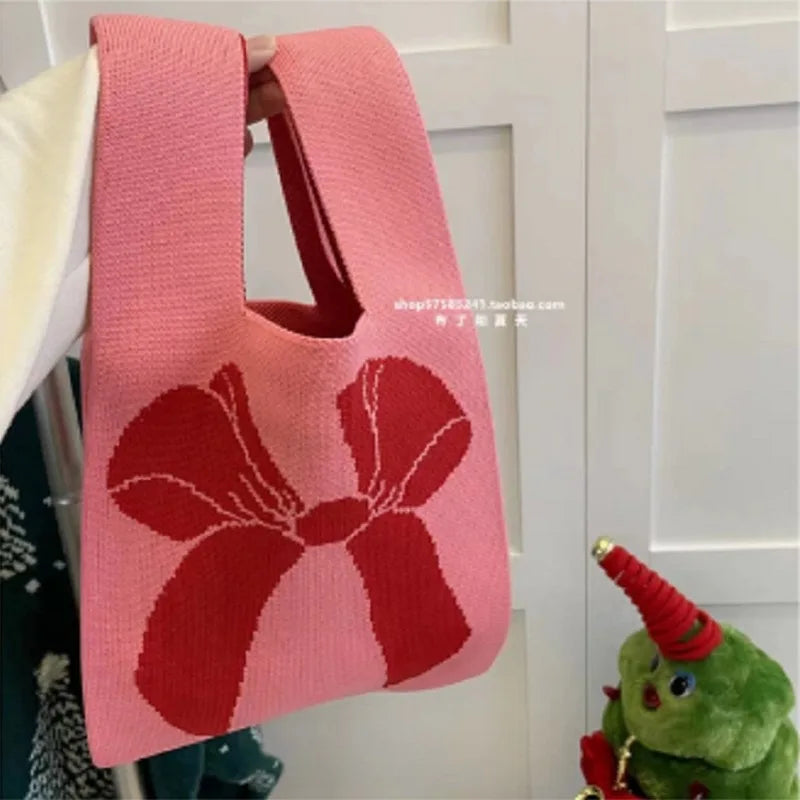 Women's Bow Handbags Women's Knitted Handbags Versatile Wrist Bags Tote Bags Top-Handle Bags Mini Striped Tote Bucket Phone Bag