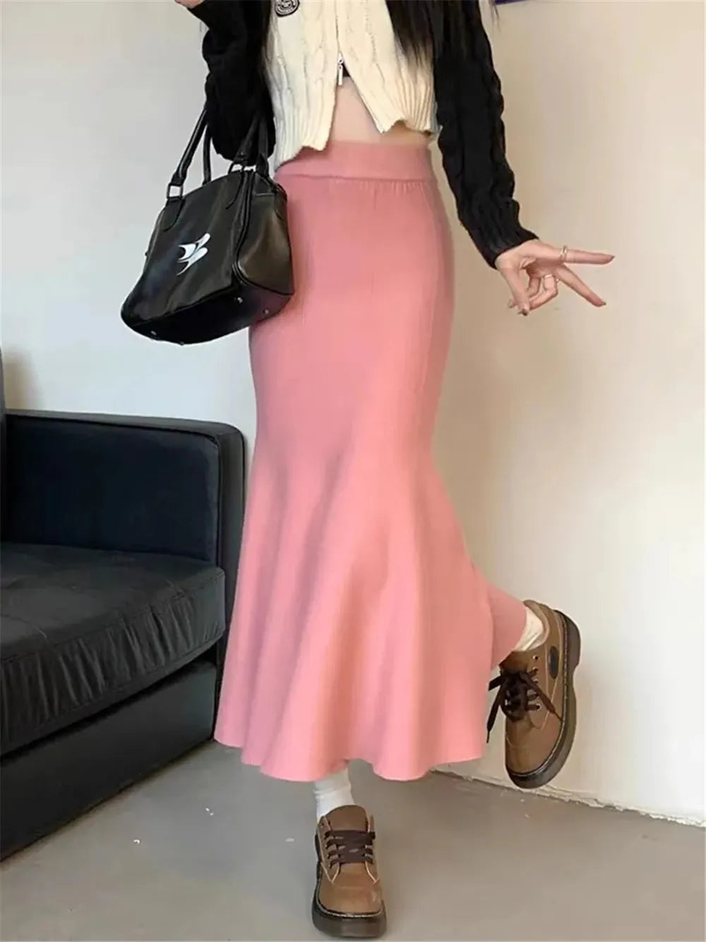 Knitting Skirts For Women Fashion High Waist Slim Trumpet Mermaid Skirts Office Ladies Casual Elegant Ankle Length Long Skirt