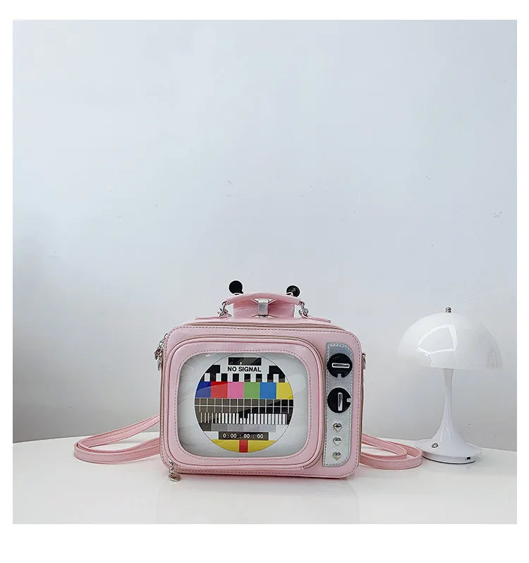 Cartoon Cute Handbags for Women Funny Retro TV Transparent Square Bag Fashion Leather Personalized Creative Shoulder Bag Woman