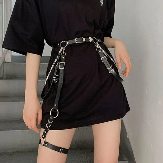Women Skirt Belt Female Pu Leather Hip Hop Rock Nightclub Sexy Jeans Dress Heart Punk Belt with Metal Waist Chain
