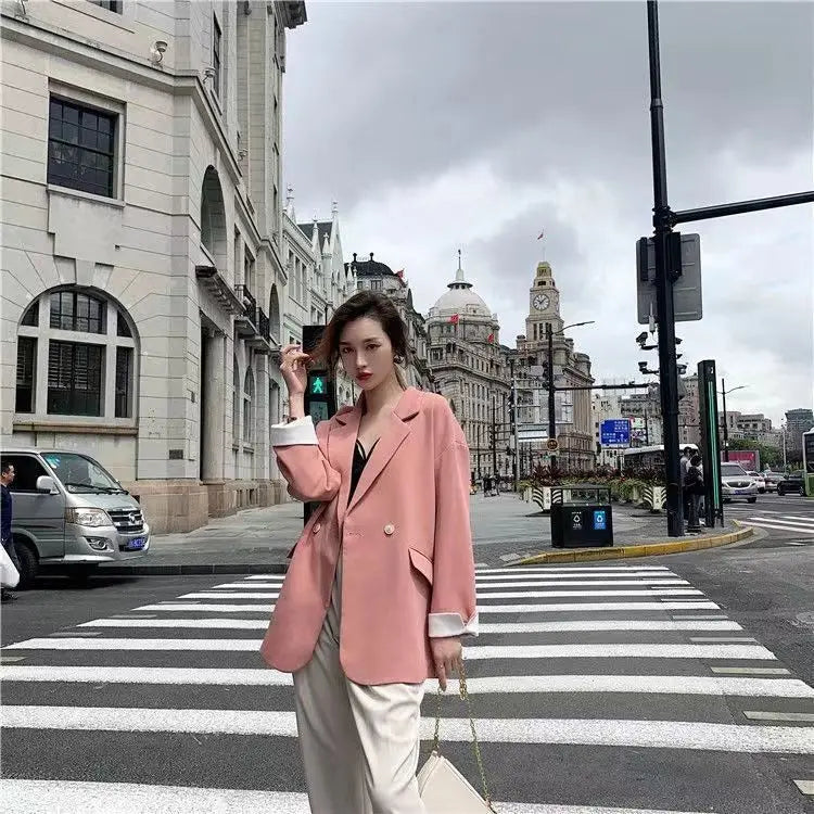 Long Blazers Woman Spring Casual Office Lady Lapel Double-breasted Slim-fit Elegant Solid Color Fashion Outerwear Minimalist