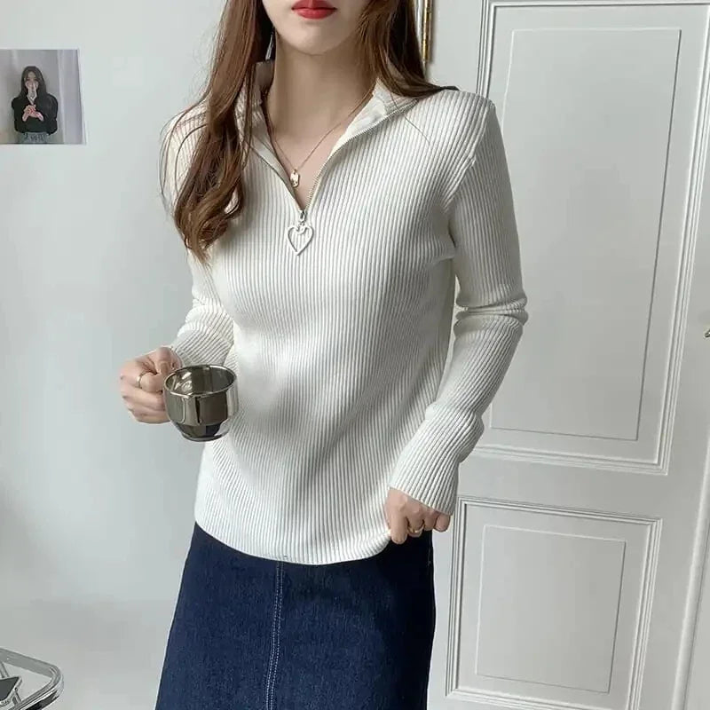 Sweater Women's Autumn and Winter New Semi-turtleneck Love Zipper Core-spun Yarn Bottomed Knitted Sweater Thermal Top
