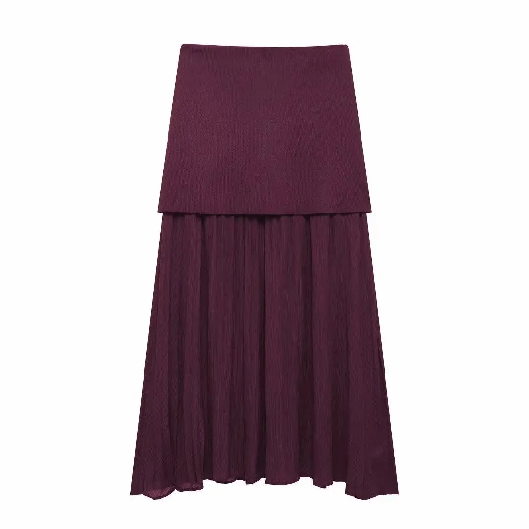 HH 2025 Women Skirt Set Wine Red Knitted V-Neck Sleeveless Slim Vest +Solid High Waist Zipper Patchwork Long Skirt Street