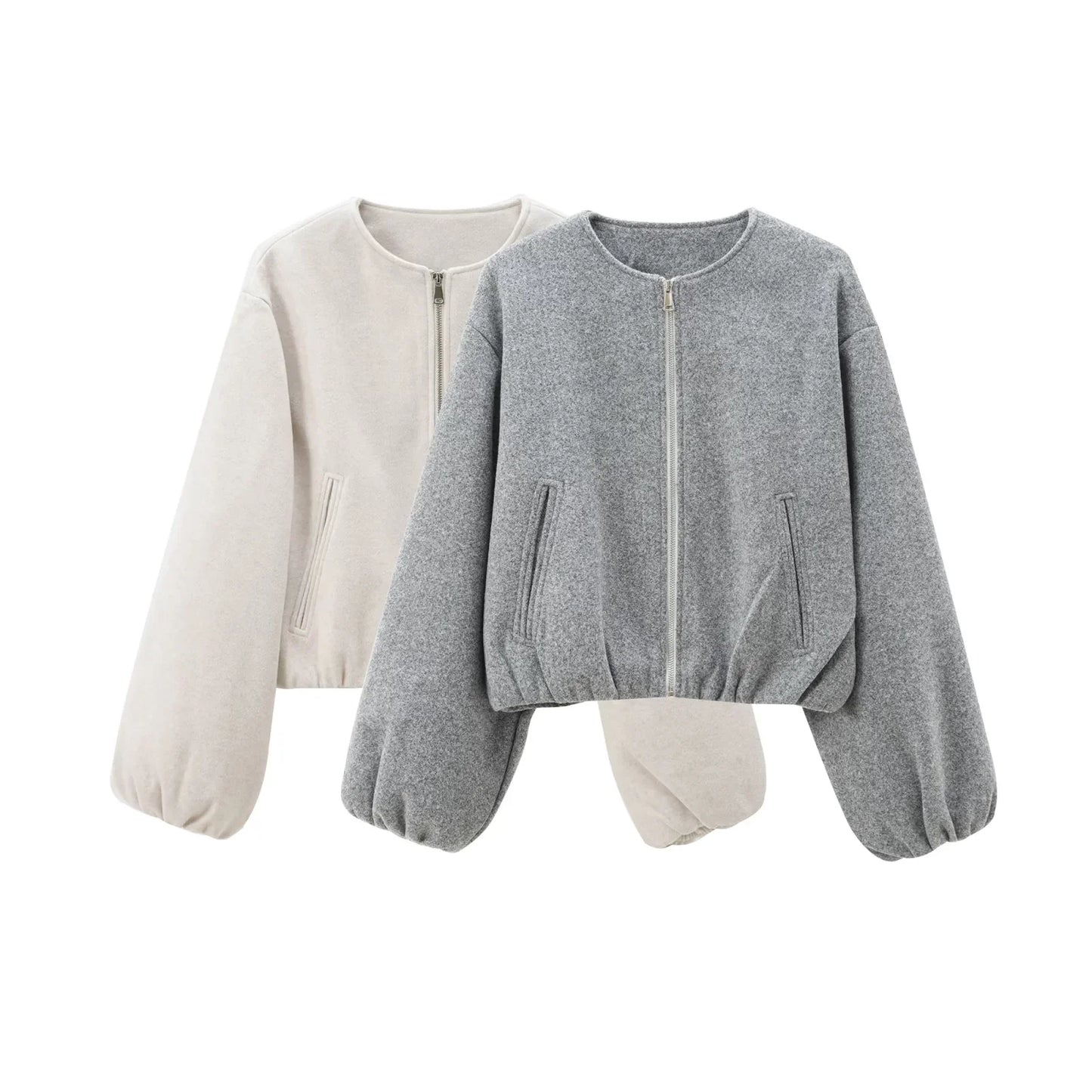 HXAO Outerwears Cropped Bomber Jacket Women Autumn Long Sleeve Faux Wool Coats For Woman Winter Zip Up Gray Beige Short Coats