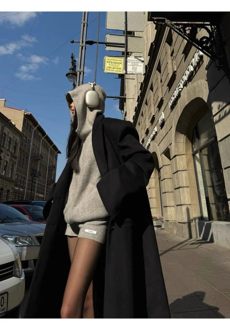Sweater Set Women American Vintage Hooded Long Sleeve Cardigan Straight Shorts Grey Two Piece Outfit Fall Winter Streetwear Set