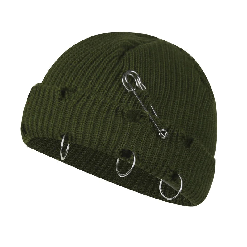Hat for Women Autumn and Winter Ring Pin Street Hip-Hop Woolen Hats with Holes Edging Knit Cap Men's Trendy Cold-proof Beanies