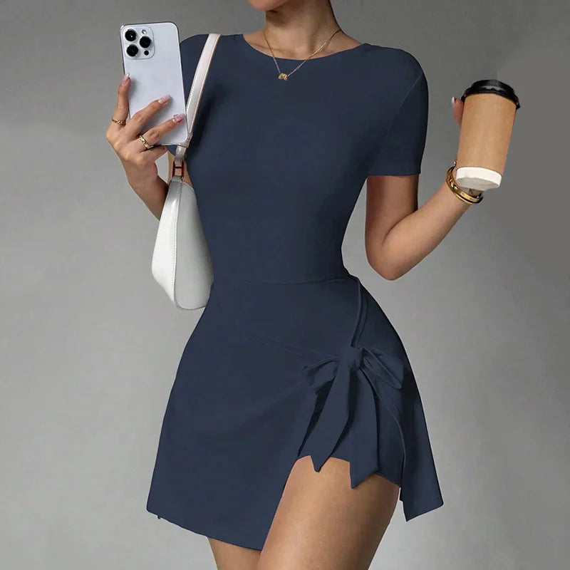 Women Yoga Bodysuit Short Dress Slimming Open Back Two Piece Look Anti See Through Athletic Tennis Skirt for Outdoor Workout