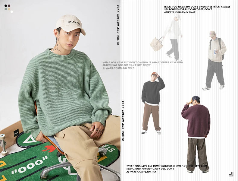 2023 Autumn Winter New Sweater Women's Men's  Green Knitted pullover Basic Solid Color Loose Black White Sweater Coats Warm Tops