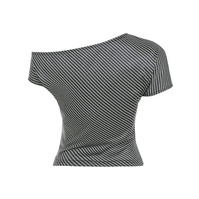 Striped T Shirts For Women Streetwear Inclined Collar Crop Top Y2k Accessories Short Sleeve Grunge Clothes Ropa Mujer Camisetas
