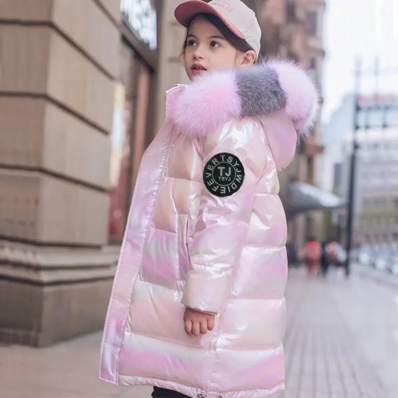 Warm Winter Jacket For Girls Coat Fashion Waterproof Shiny Hooded Children Outerwear Clothing 5-14 Years Teenage Kids Parka