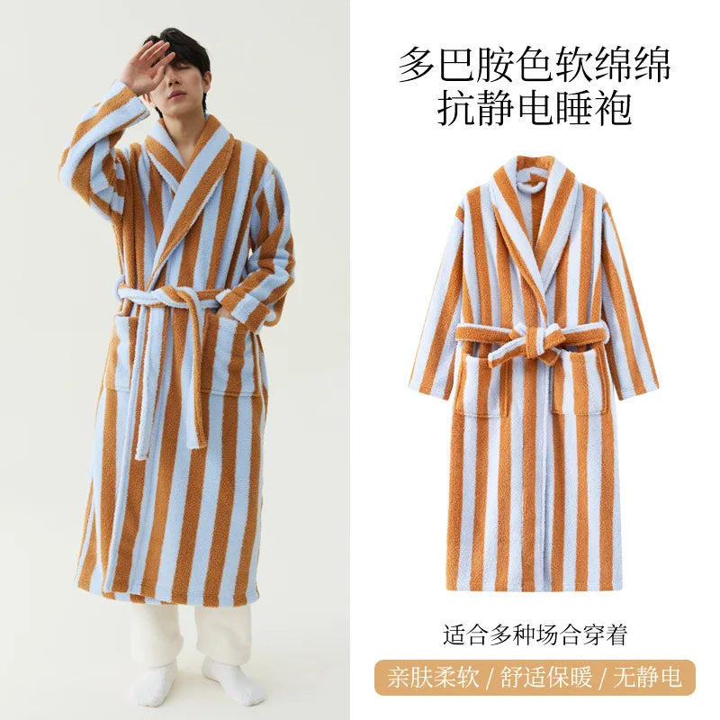 2025 New Autumn/Winter Women's Sleepwear Thick Velvet Warm Robe Couple Coral Velvet Striped Lengthed Home Clothes Bathrobe