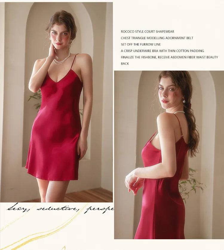 Fashion Sexy V-Neck Nightgown For Women Solid Silk Satin Lingerie Night Dress Sleeveless Sleepwear Female Nightwear Home Clothe