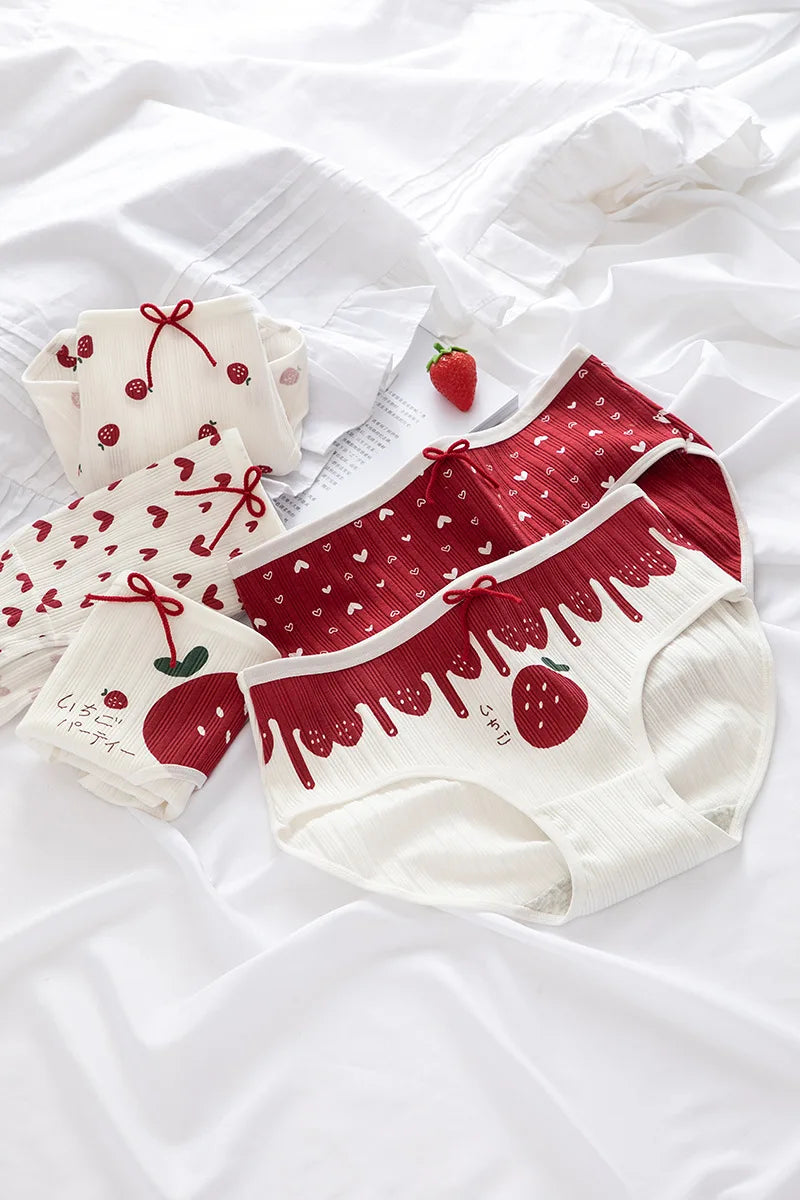 Cotton Panties Female Underpants Sexy Women Underwear Soft Lingerie Lace Up Briefs Strawberry Hearted Printed Pantys