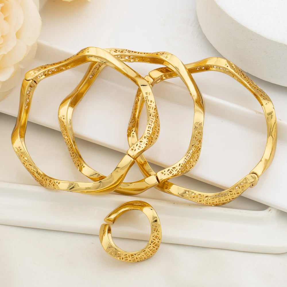 Fashion Bangle With Ring For Women 18K Gold Plated Bracelet Jewelry Sets Nigerian Wedding Party Gift Dubai Design Bracelet
