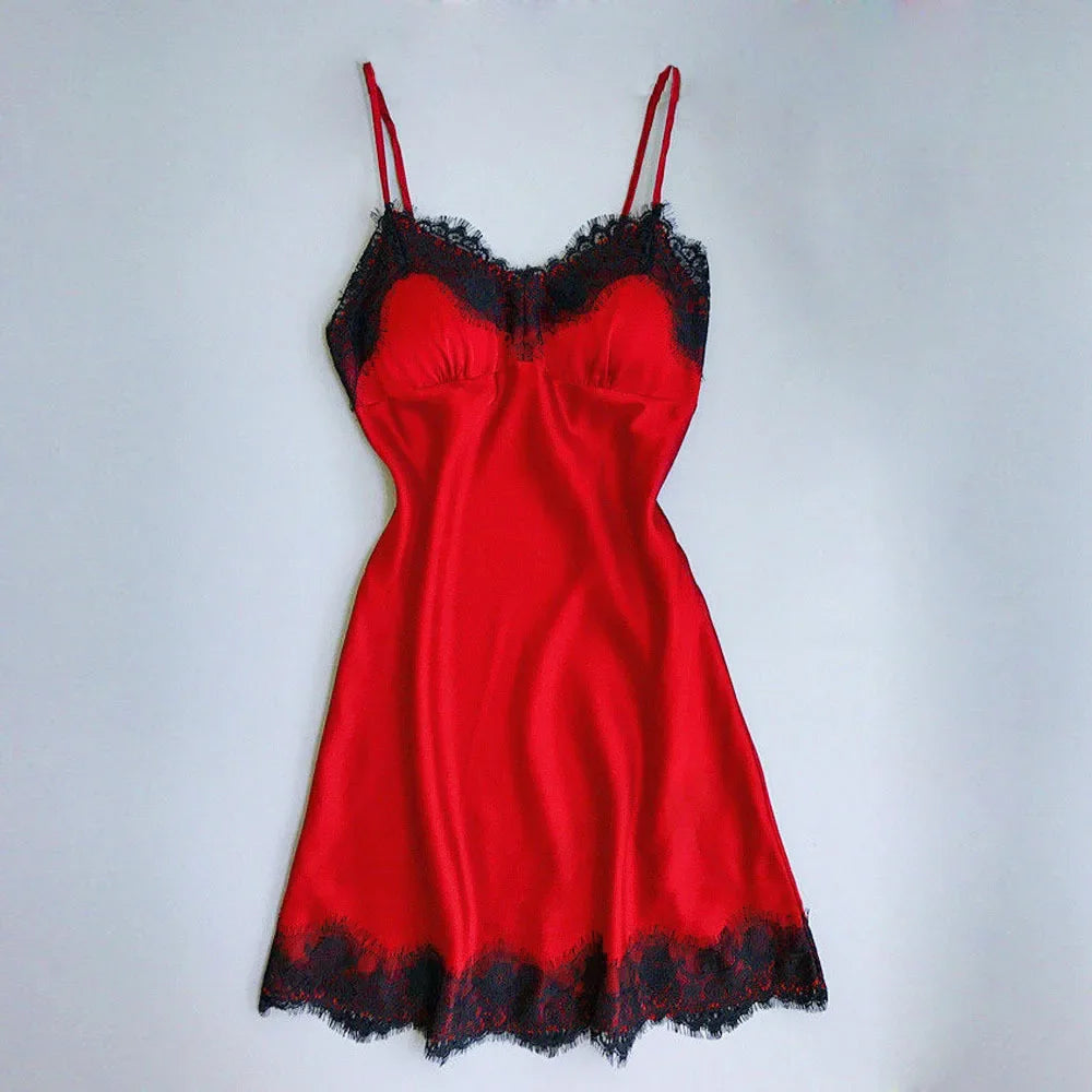 Ladies Sexy Silk Satin Night Dress Sleeveless Nighties V-neck Nightgown Nightdress Lace Sleepwear Nightwear for Women S-3XL
