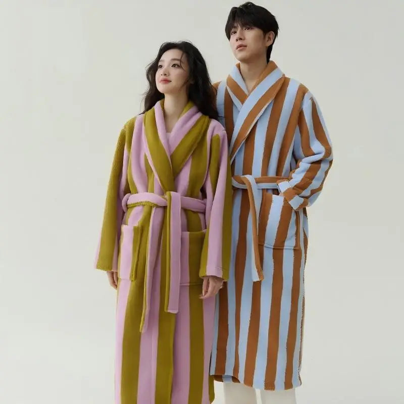 2025 New Autumn/Winter Women's Sleepwear Thick Velvet Warm Robe Couple Coral Velvet Striped Lengthed Home Clothes Bathrobe