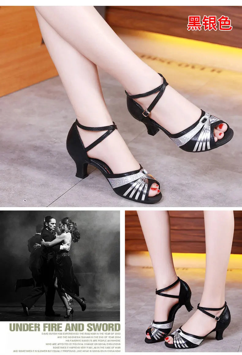 Women's Bachata Swing Salsa Latin Ballroom Dance Shoes Outdoor High Heels Peep Toe Performance Latin Dance Shoes for Woman