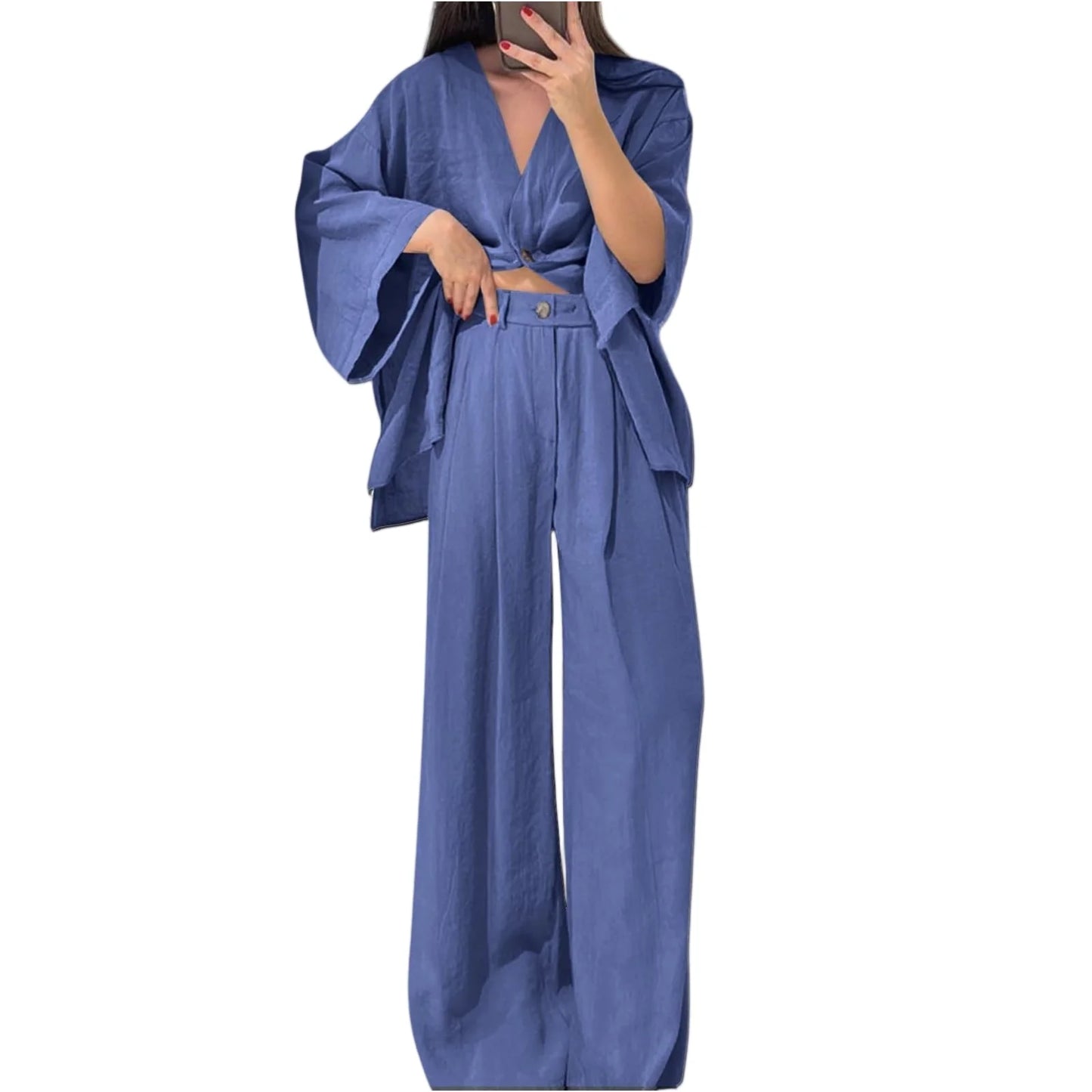 Two Piece Outfits For Women V Neck Button Down Shirt Top And Wide Leg Pants Set Loose Sweatsuits Conjunto Dos Piezas Mujer