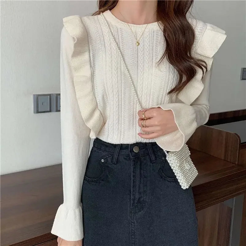 Ladies Sweaters Pullovers Round O Neck Grey Knitted Top for Women Jersey Winter 2025 Jumper Economics Long Sleeve Thermal Blouse