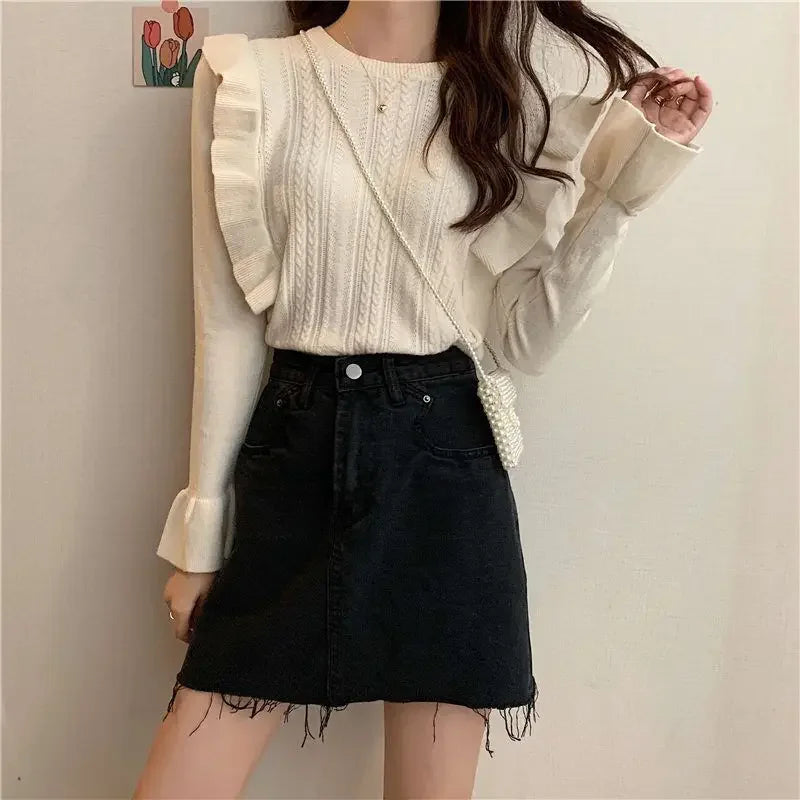 Ladies Sweaters Pullovers Round O Neck Grey Knitted Top for Women Jersey Winter 2025 Jumper Economics Long Sleeve Thermal Blouse