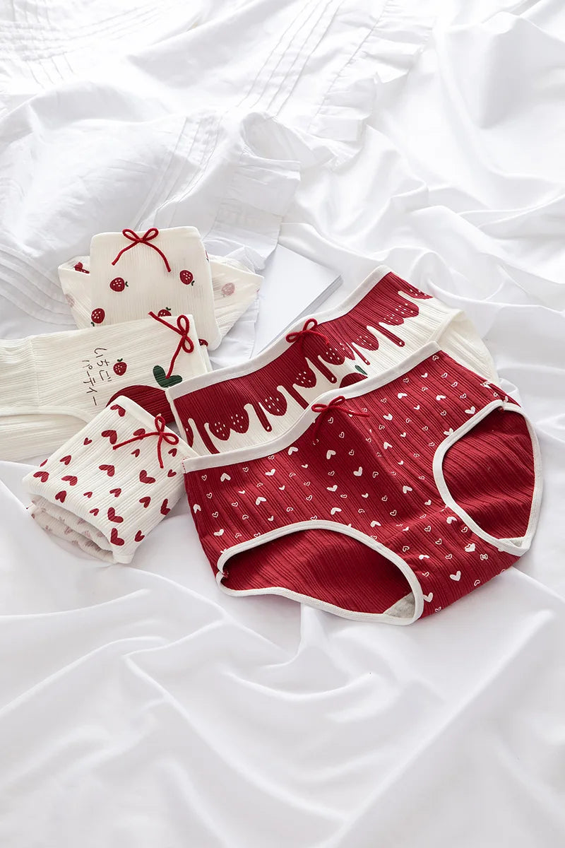 Cotton Panties Female Underpants Sexy Women Underwear Soft Lingerie Lace Up Briefs Strawberry Hearted Printed Pantys