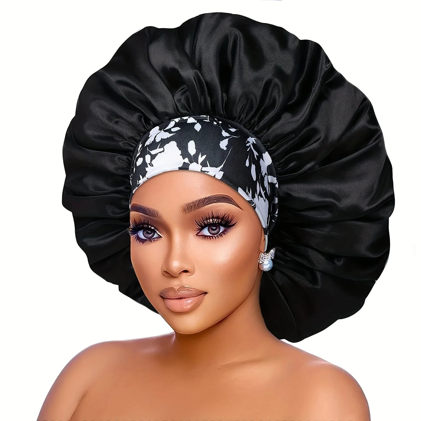 Women's Fashion Bonnet Flower Printed Hair Hat with Wide Edge Elastic Silk Smooth Satin Face for Daily Home Sleep Hat
