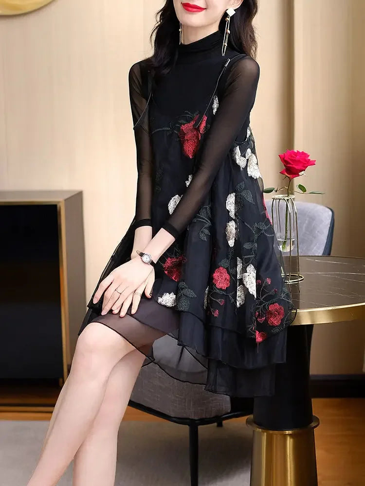 Vintage Stylish Floral Embroidery Dresses Spring Autumn Two Piece Set Female Clothing Gauze Patchwork A-Line Slip Mini Dress New