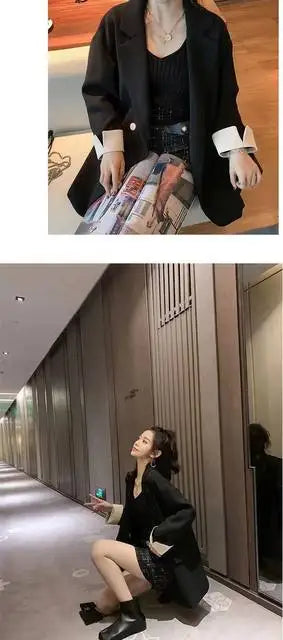 Long Blazers Woman Spring Casual Office Lady Lapel Double-breasted Slim-fit Elegant Solid Color Fashion Outerwear Minimalist