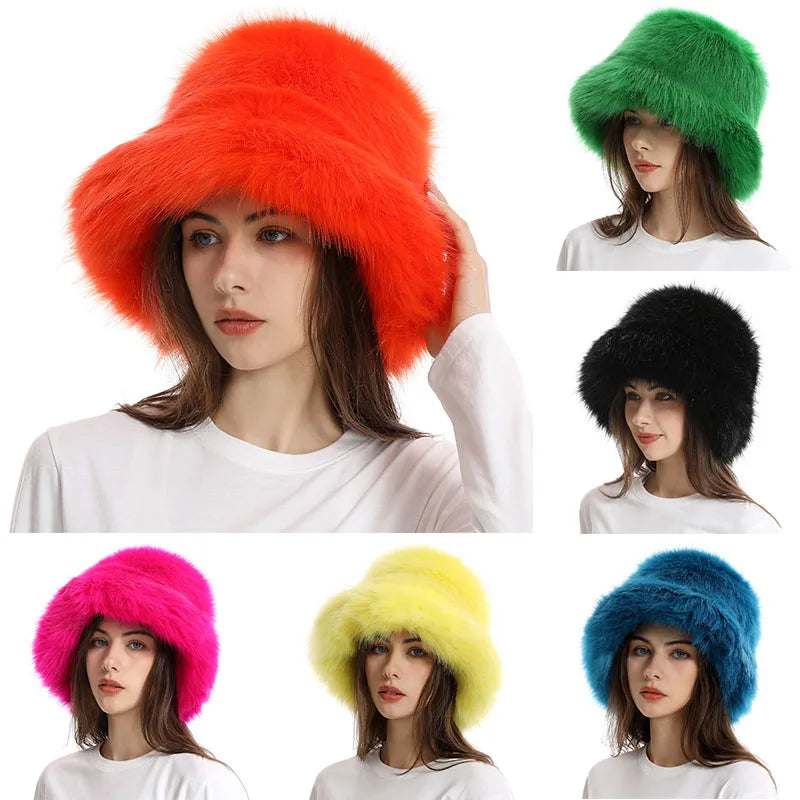 Hat Woman Winter Faux Fur Fisherman Hat Woman Versatile Warm Female Casual Party Fur Hats Women's Cap Ins Plush Bucket Hat