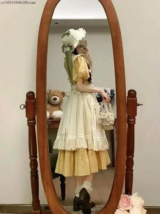 2025Spring NEW Two-piece Dress Suit French Sweet Pastoral Style Slim Square Collar Yellow Plaid Dress Women + Ruffles OuterDress