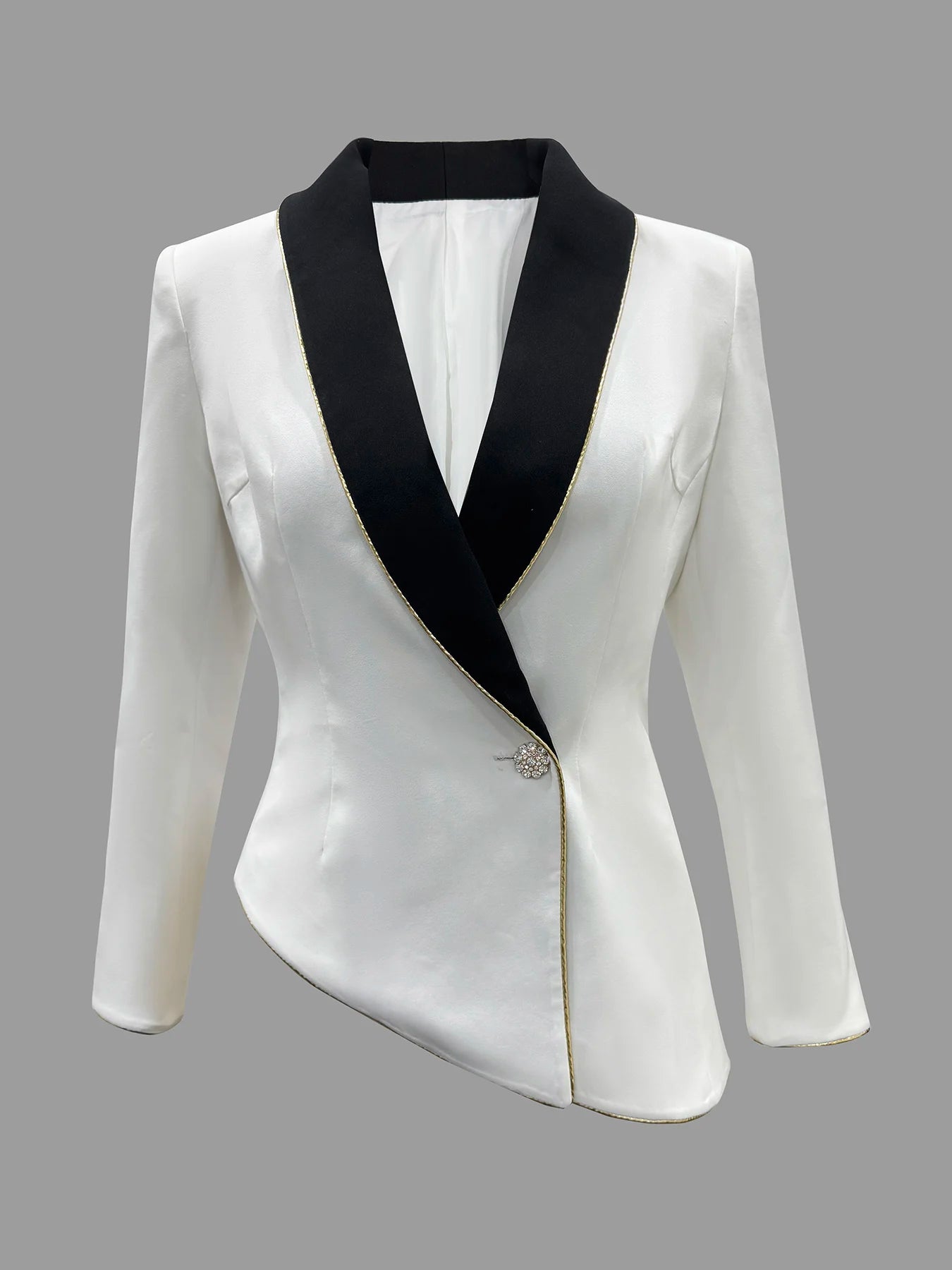 Women Blazer Jacket Elegant Asymmetrical White Blazer with Black Contrast Lapels Long Sleeves Slim Blazers Women's Outerwear