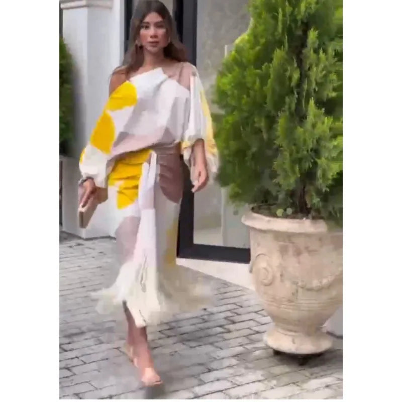 Two Piece Set Women Dress Outfit Spring Fashion Print Lantern Sleeve Diagonal Collar Top Tassel Hem High Waist Skirt Set 2 Piece