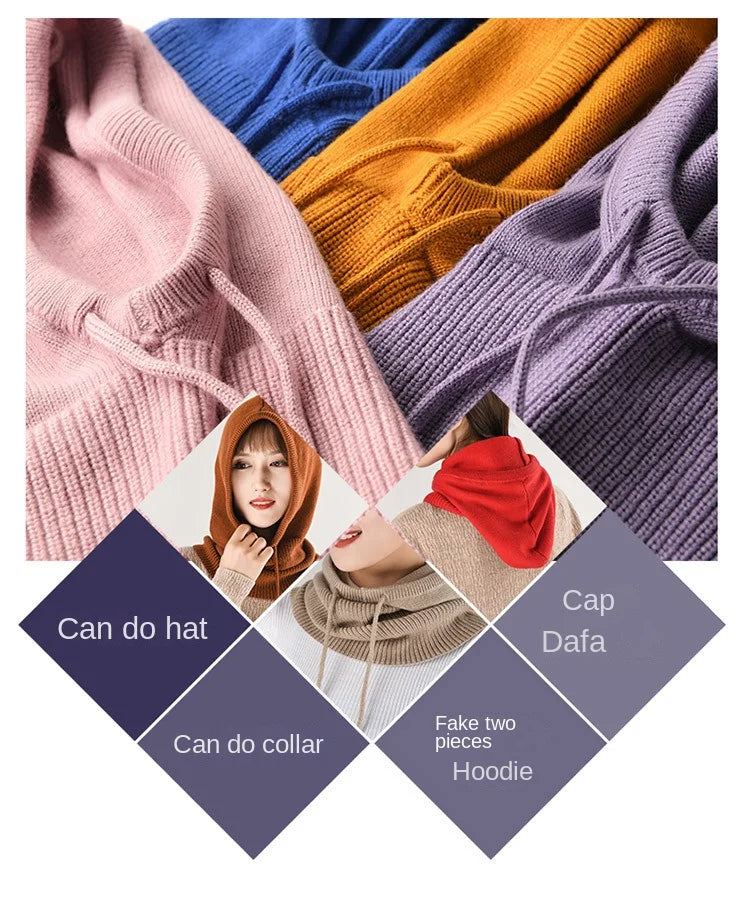Winter Hats for Women, Wool Blend Hooded Scarf Hat for Girls Balaclava Knit Skull Cap Beanie Hat Neck Gaiters