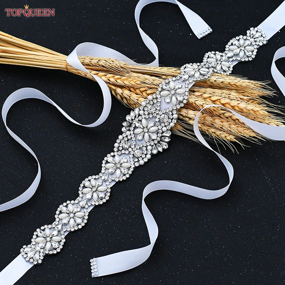 TOPQUEEN Bridal Belts Bling Wedding Women Jewelry Silver Rhinestone Pearl Crystal Sparkly Party Formal Dress Diamond Sash S161
