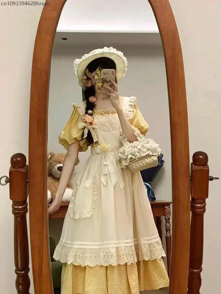 2025Spring NEW Two-piece Dress Suit French Sweet Pastoral Style Slim Square Collar Yellow Plaid Dress Women + Ruffles OuterDress