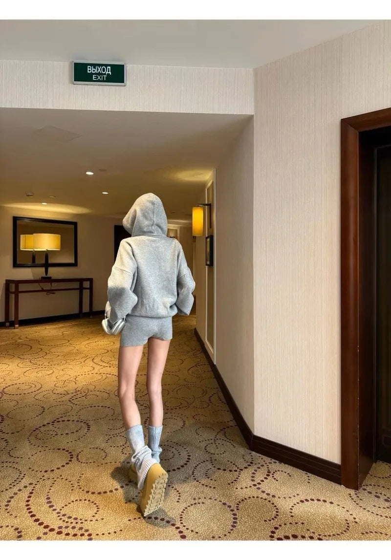 Sweater Set Women American Vintage Hooded Long Sleeve Cardigan Straight Shorts Grey Two Piece Outfit Fall Winter Streetwear Set
