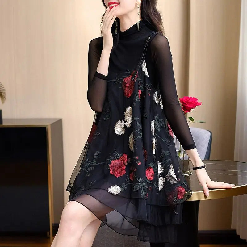 Vintage Stylish Floral Embroidery Dresses Spring Autumn Two Piece Set Female Clothing Gauze Patchwork A-Line Slip Mini Dress New