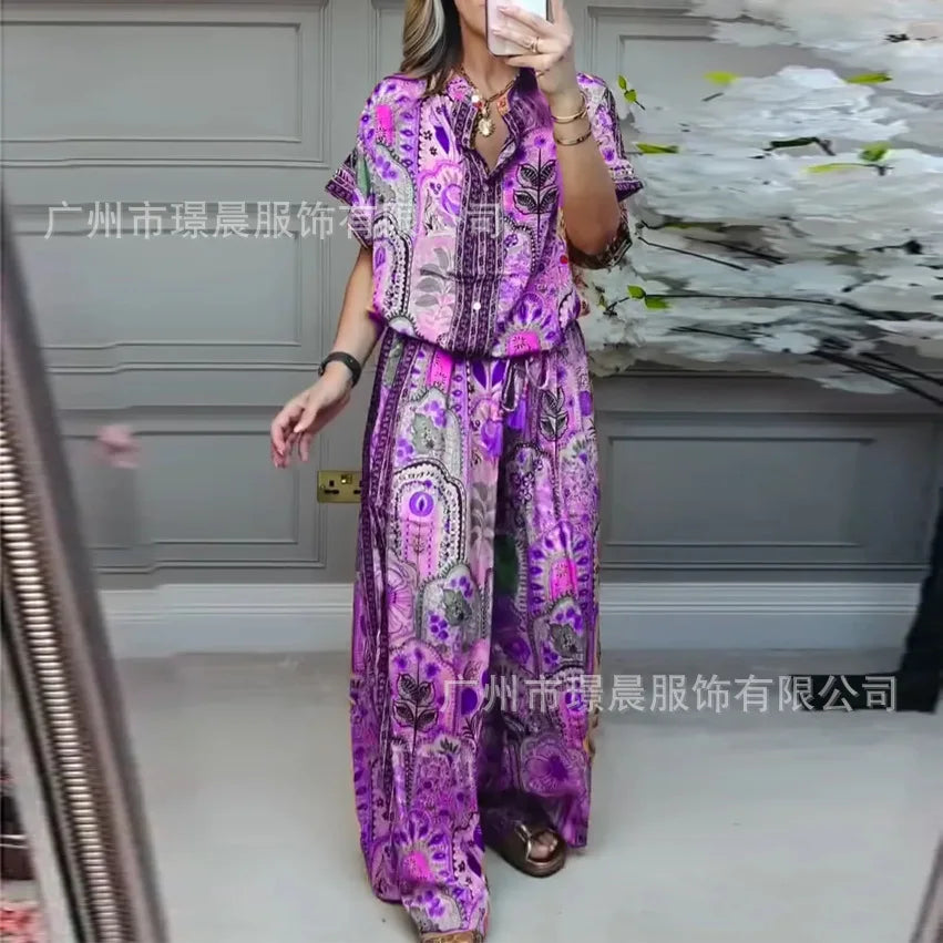 Woman 2 Piece Set Outfit New Summer Fashion Casual Loose Printed Short-sleeved Top + Wide-leg Trousers Two-piece Suit For Women