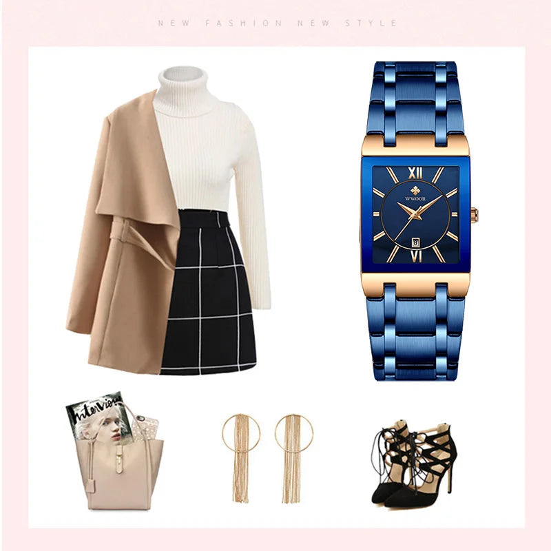 Relogio Feminino 2024 WWOOR New Women Watches Top Brand Luxury Blue Women's Bracelet Square Watch Ladies Dress Quartz WristWatch