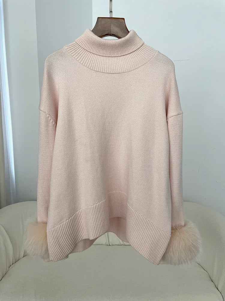 Sweater Women 2024 Autumn Winter Fashionable Sweaters with Real Fox Fur Sleeves Slim Fit Sweaters Fur Knitwear England Style
