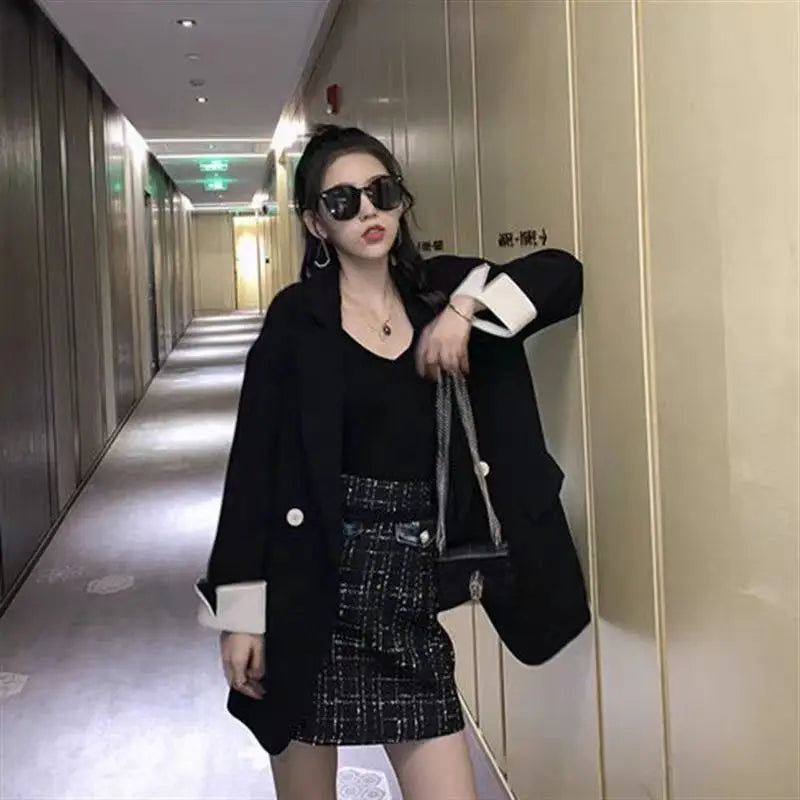 Long Blazers Woman Spring Casual Office Lady Lapel Double-breasted Slim-fit Elegant Solid Color Fashion Outerwear Minimalist