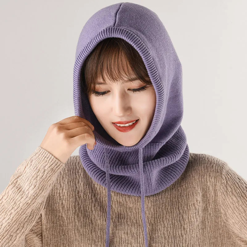 Winter Hats for Women, Wool Blend Hooded Scarf Hat for Girls Balaclava Knit Skull Cap Beanie Hat Neck Gaiters