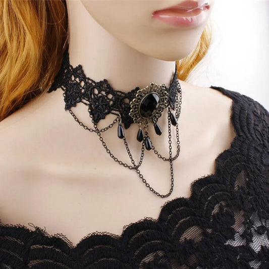 Sexy Black Lace Necklace Vintage Gothic Necklace Steampunk Style Beads Pendant Exquisite Women Choker Fashion Jewelry