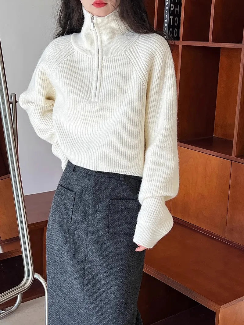 Sweater Pullover Women Autumn Winter 2025 New Zipper Underlay Loose Short Style Popular Premium Sweater Female Tops