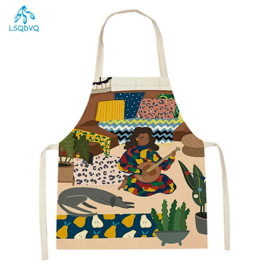 Kitchen Apron Modern Girl Plants Pattern Linen Aprons for Women Men Household Cleaning Apron Cooking Baking Accessories